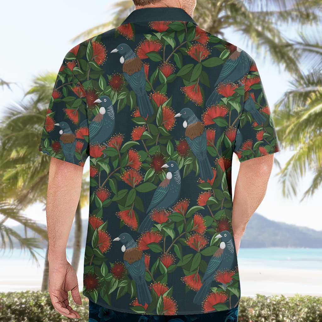 New Zealand Christmas Hawaiian Shirt Romantic Tui Birds on Pohutukawa - Cobalt - Polynesian Pride