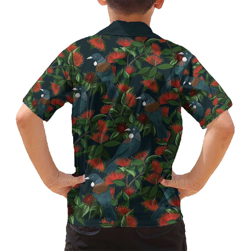 New Zealand Christmas Kid Hawaiian Shirt Romantic Tui Birds on Pohutukawa - Cobalt - Polynesian Pride