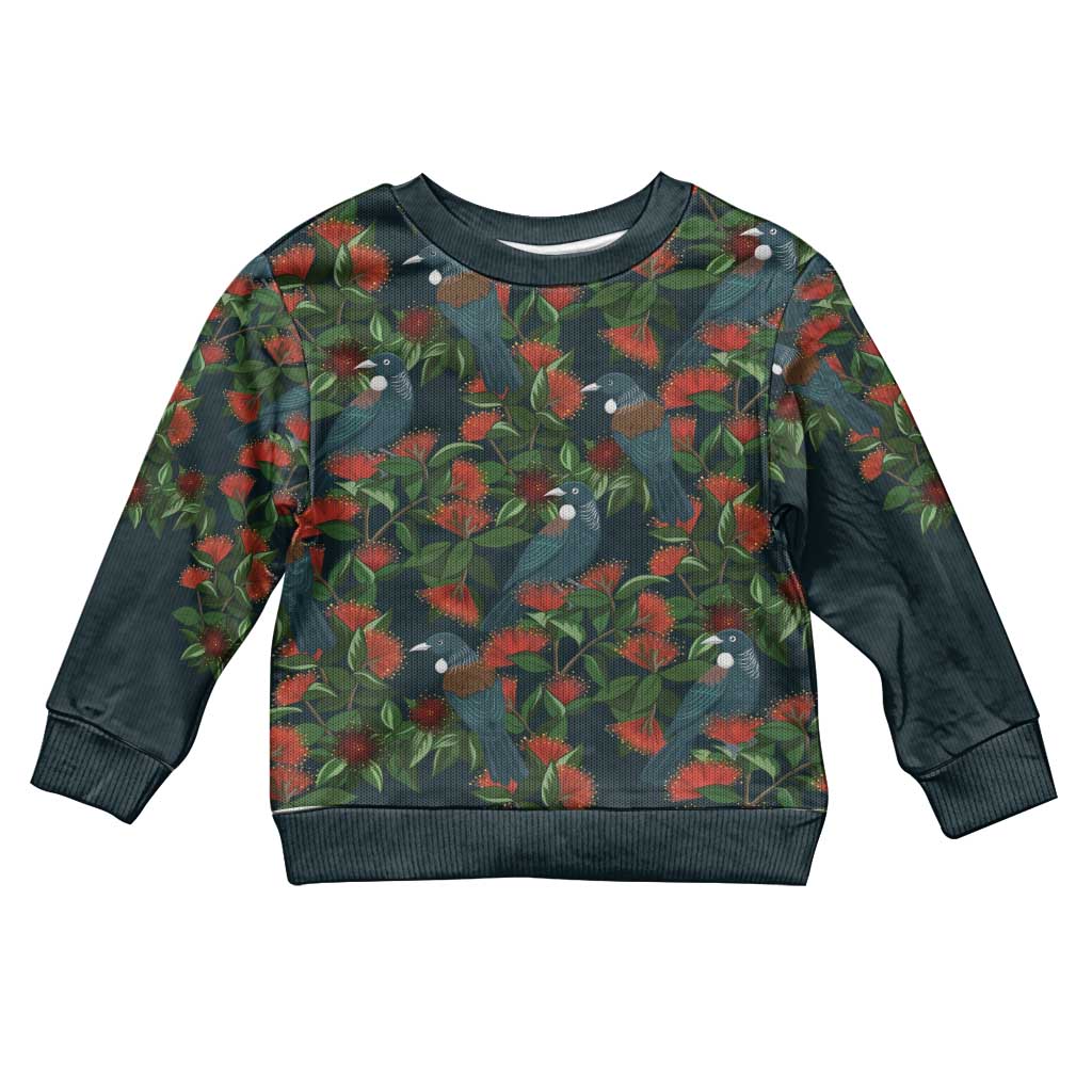 New Zealand Christmas Kid Ugly Christmas Sweater Romantic Tui Birds on Pohutukawa - Cobalt - Polynesian Pride