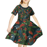 New Zealand Christmas Kid Short Sleeve Dress Romantic Tui Birds on Pohutukawa - Cobalt - Polynesian Pride