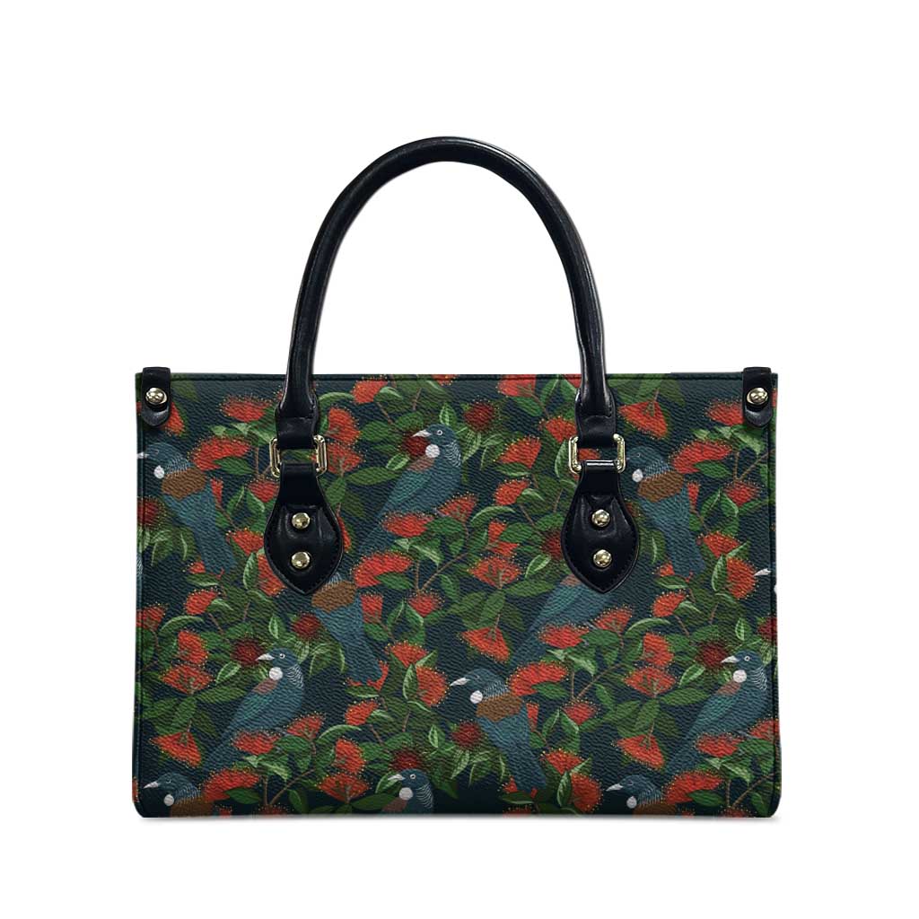 New Zealand Christmas Leather Bag Romantic Tui Birds on Pohutukawa - Cobalt - Polynesian Pride