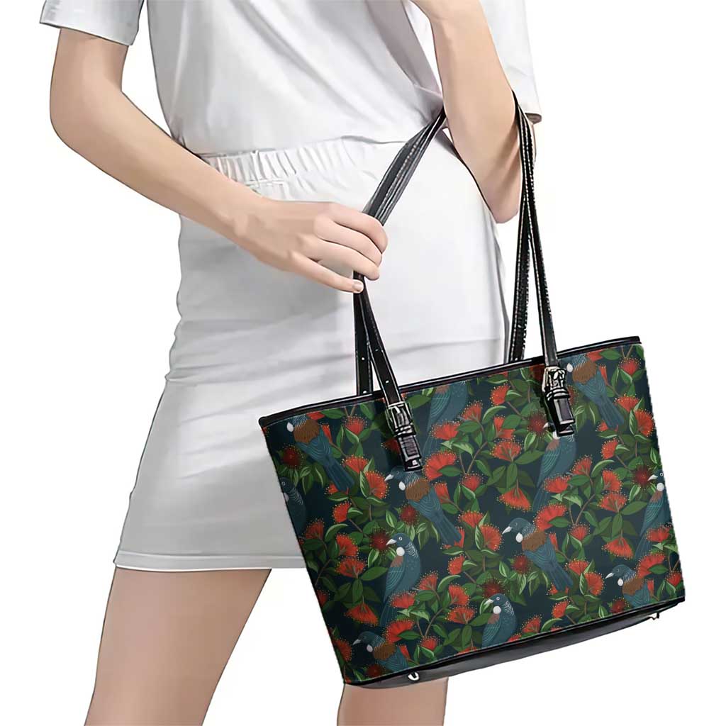 New Zealand Christmas Leather Tote Bag Romantic Tui Birds on Pohutukawa - Cobalt - Polynesian Pride