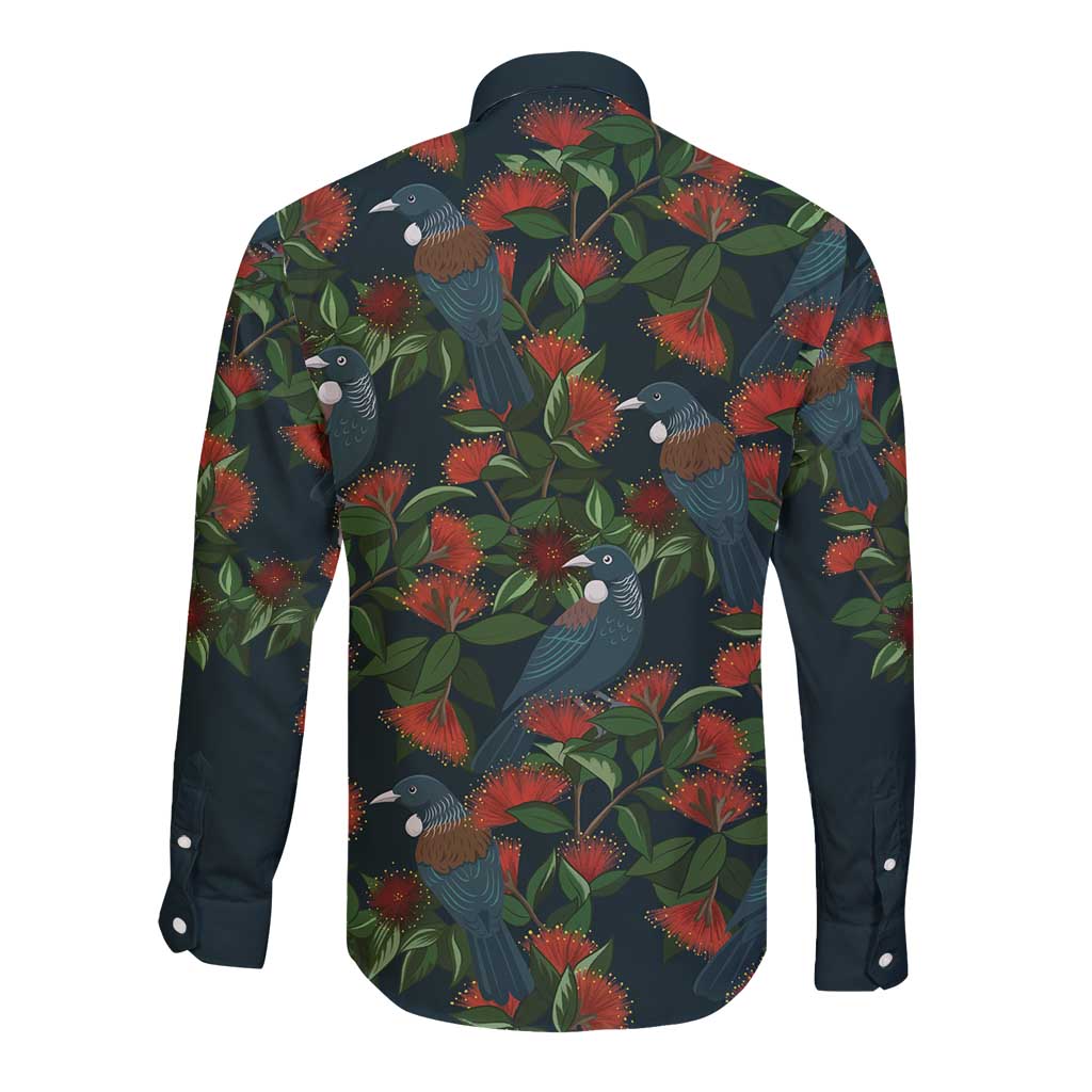 New Zealand Christmas Long Sleeve Button Shirt Romantic Tui Birds on Pohutukawa - Cobalt - Polynesian Pride