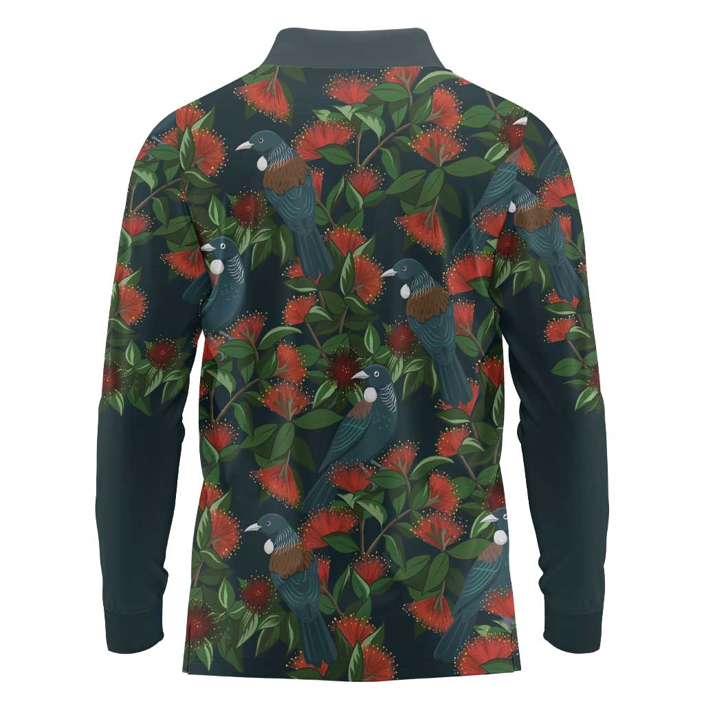 New Zealand Christmas Long Sleeve Polo Shirt Romantic Tui Birds on Pohutukawa - Cobalt - Polynesian Pride