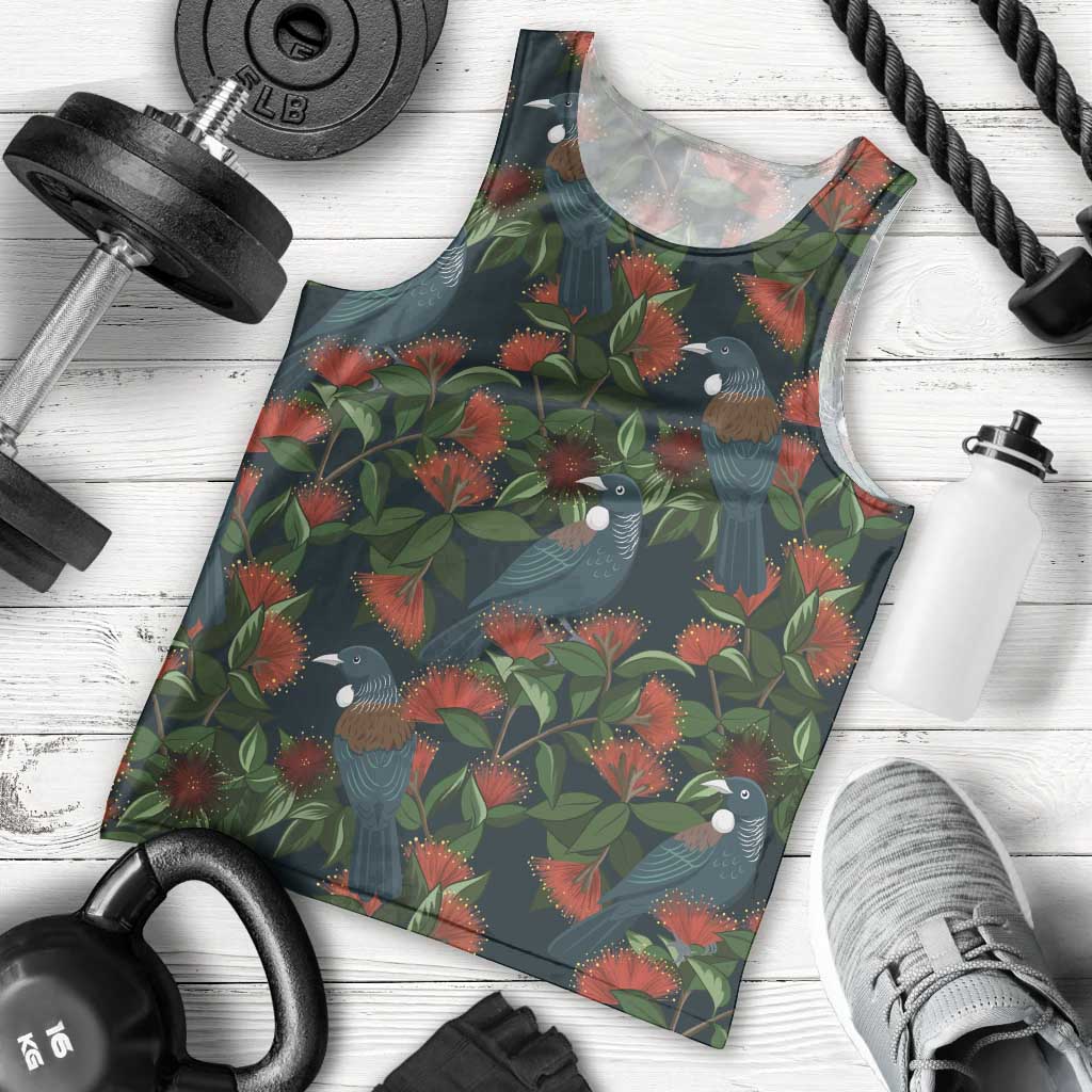 New Zealand Christmas Men Tank Top Romantic Tui Birds on Pohutukawa - Cobalt - Polynesian Pride