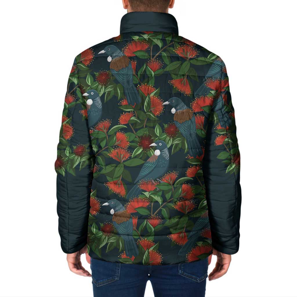 New Zealand Christmas Padded Jacket Romantic Tui Birds on Pohutukawa - Cobalt - Polynesian Pride