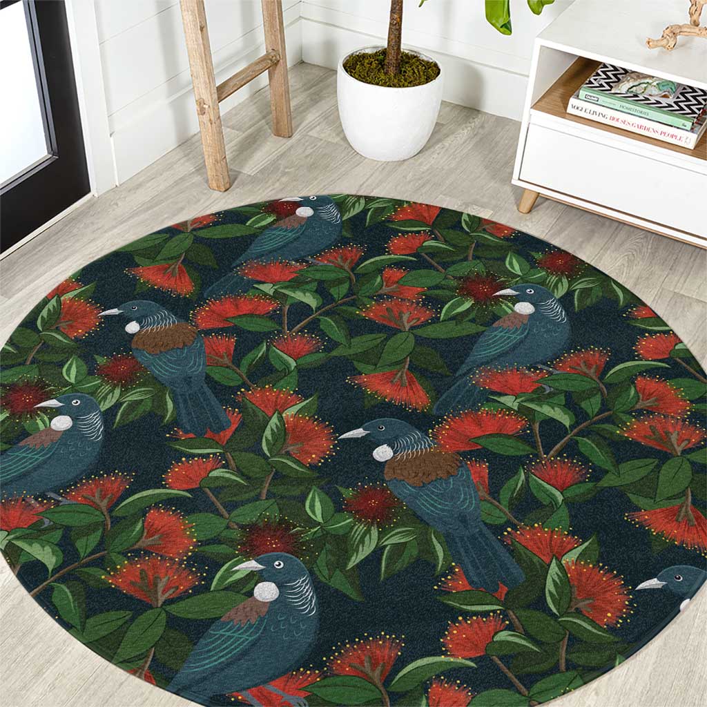 New Zealand Christmas Round Carpet Romantic Tui Birds on Pohutukawa - Cobalt - Polynesian Pride