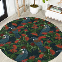 New Zealand Christmas Round Carpet Romantic Tui Birds on Pohutukawa - Cobalt - Polynesian Pride