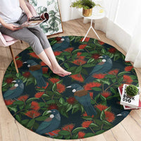 New Zealand Christmas Round Carpet Romantic Tui Birds on Pohutukawa - Cobalt - Polynesian Pride
