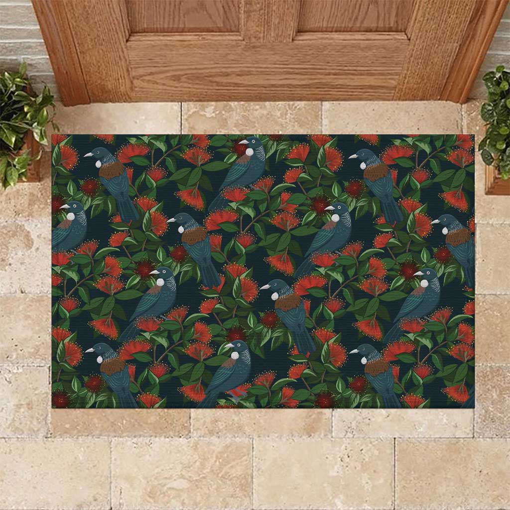 New Zealand Christmas Rubber Doormat Romantic Tui Birds on Pohutukawa - Cobalt - Polynesian Pride