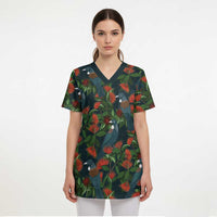New Zealand Christmas Scrub Top Romantic Tui Birds on Pohutukawa - Cobalt - Polynesian Pride