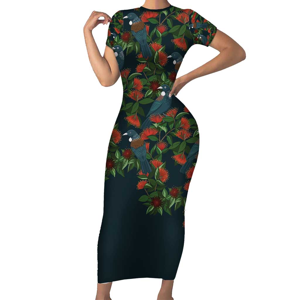 New Zealand Christmas Short Sleeve Bodycon Dress Romantic Tui Birds on Pohutukawa - Cobalt - Polynesian Pride