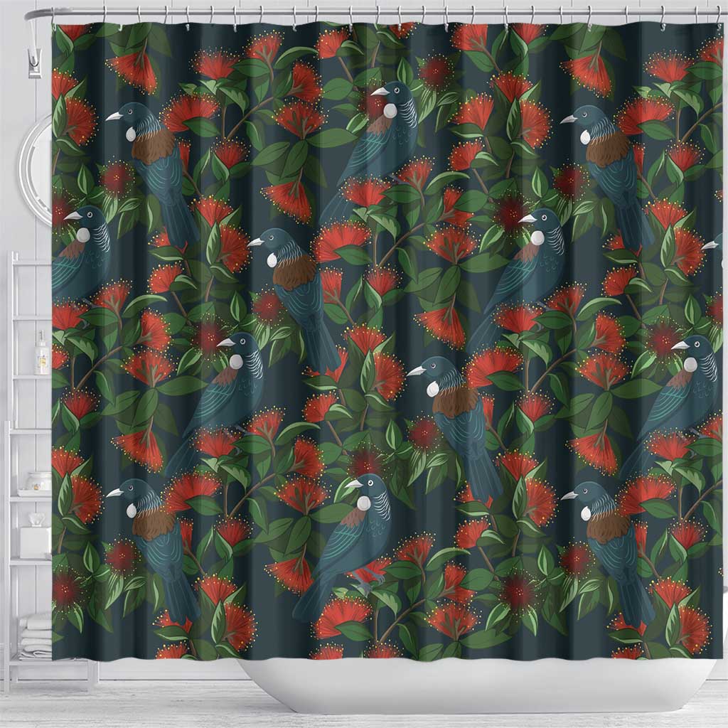 New Zealand Christmas Shower Curtain Romantic Tui Birds on Pohutukawa - Cobalt - Polynesian Pride