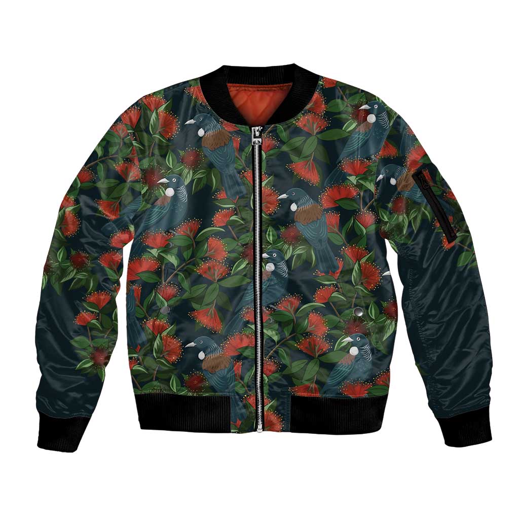 New Zealand Christmas Sleeve Zip Bomber Jacket Romantic Tui Birds on Pohutukawa - Cobalt - Polynesian Pride