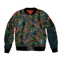 New Zealand Christmas Sleeve Zip Bomber Jacket Romantic Tui Birds on Pohutukawa - Cobalt - Polynesian Pride