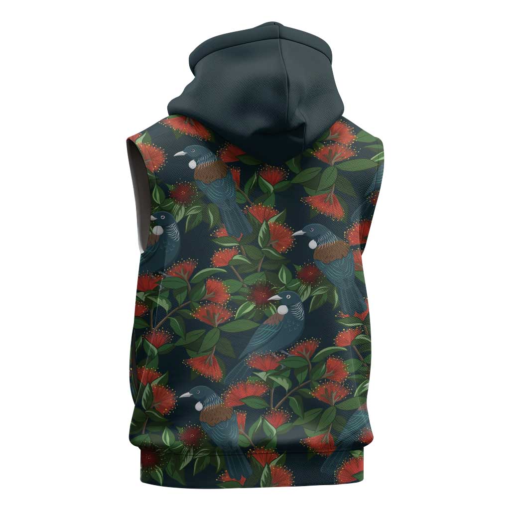 New Zealand Christmas Sleeveless Zip Hoodie Romantic Tui Birds on Pohutukawa - Cobalt - Polynesian Pride