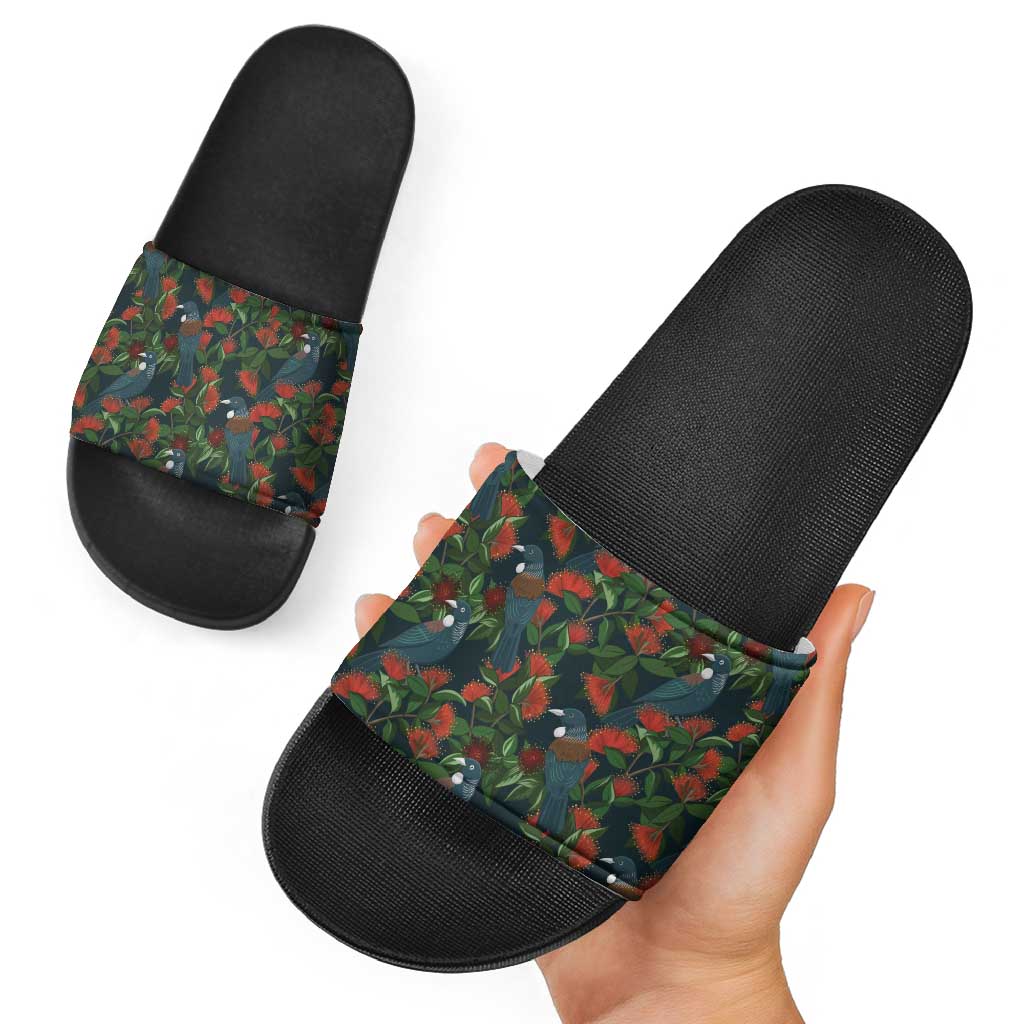 New Zealand Christmas Slide Sandals Romantic Tui Birds on Pohutukawa - Cobalt - Polynesian Pride