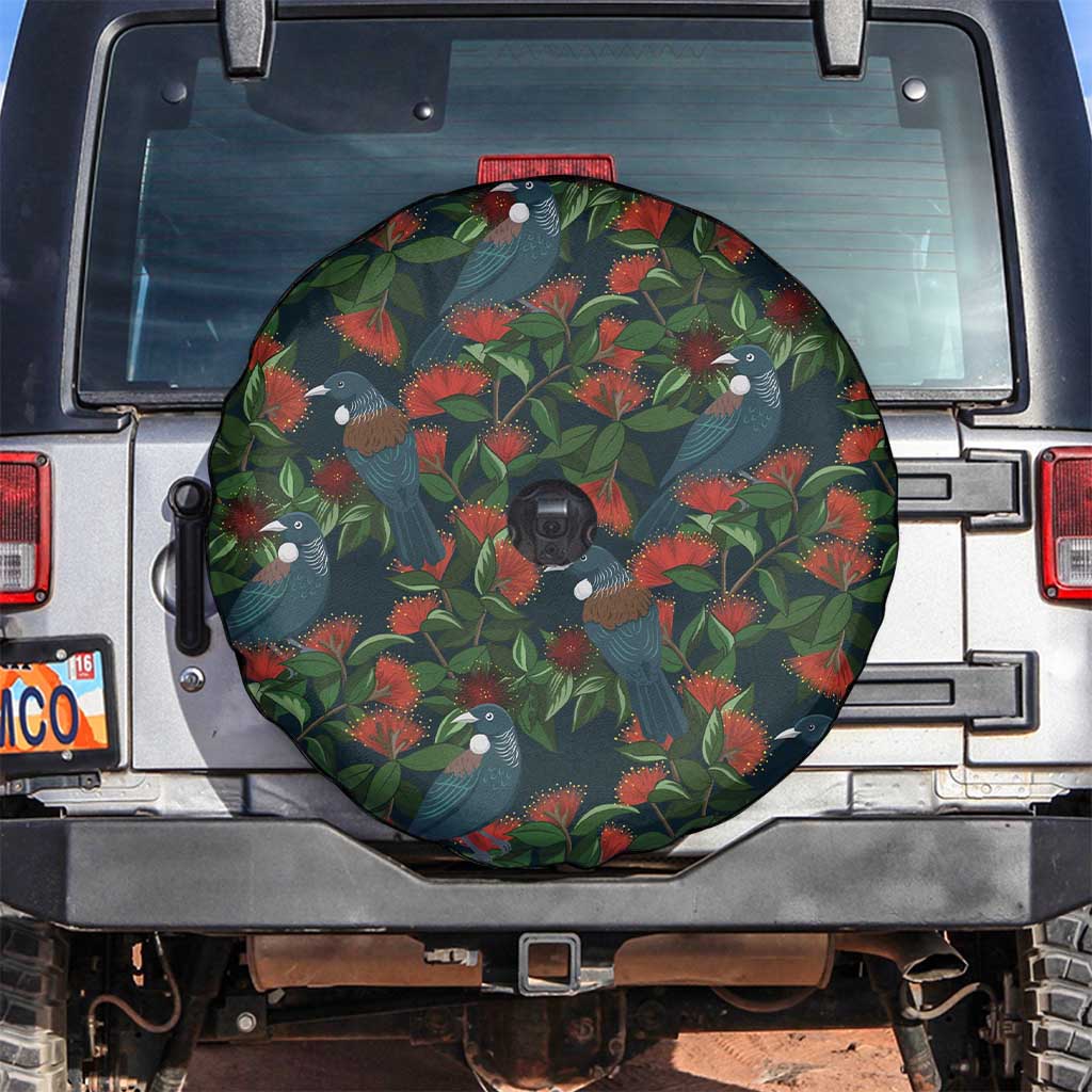 New Zealand Christmas Spare Tire Cover Romantic Tui Birds on Pohutukawa - Cobalt - Polynesian Pride
