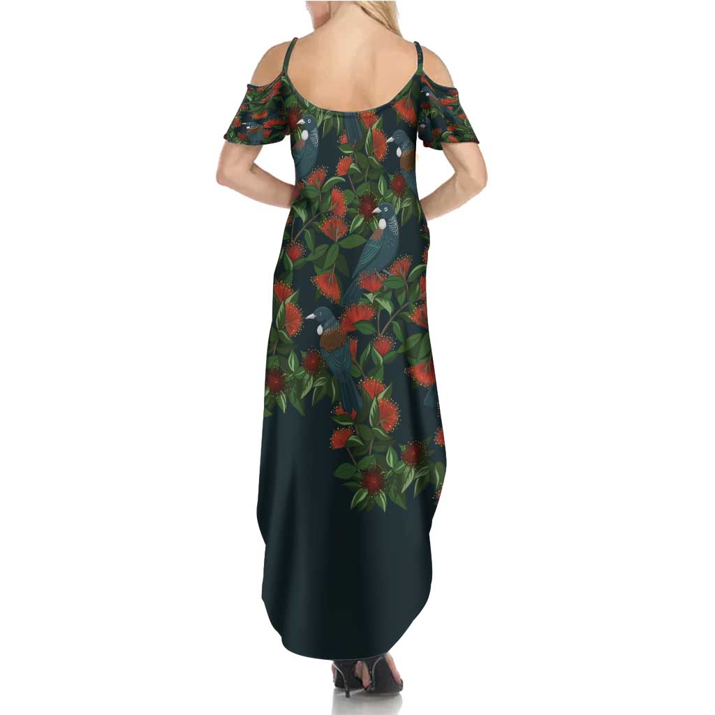 New Zealand Christmas Summer Maxi Dress Romantic Tui Birds on Pohutukawa - Cobalt - Polynesian Pride