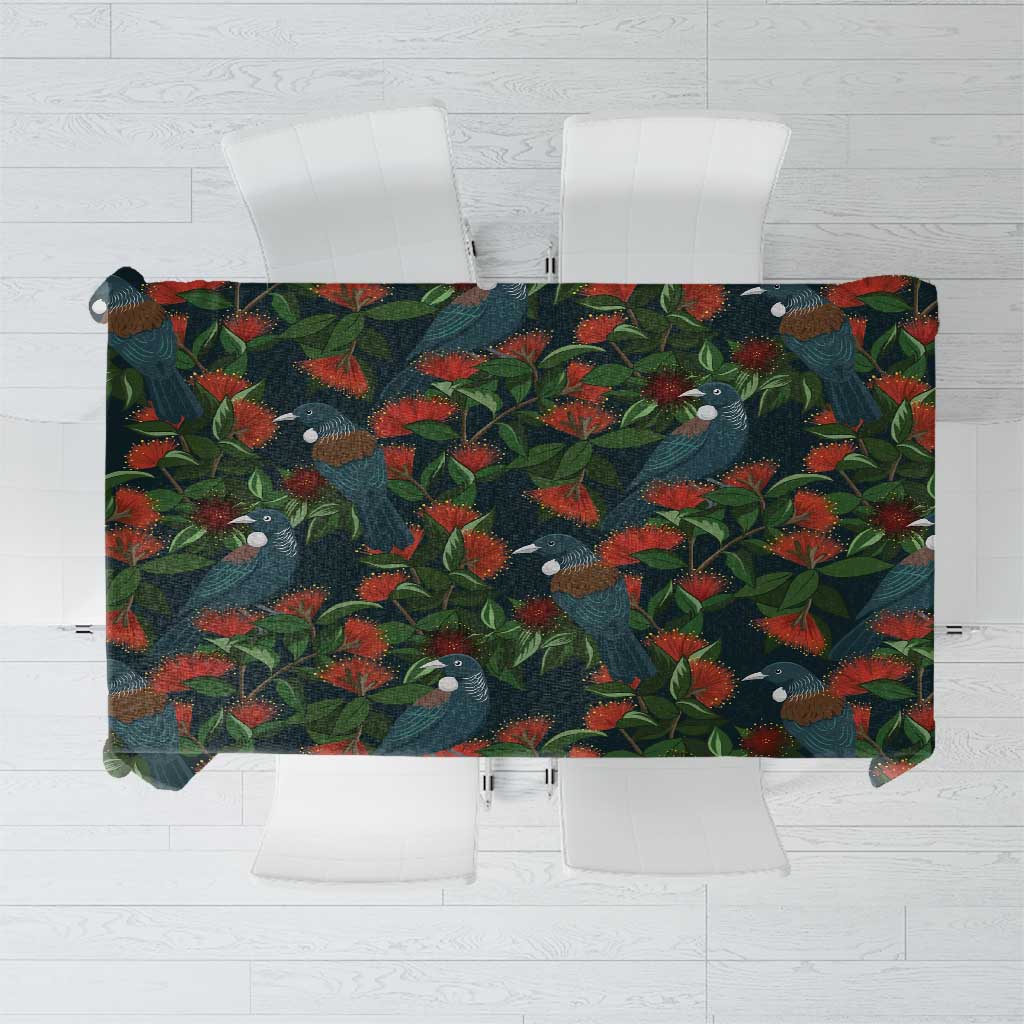New Zealand Christmas Tablecloth Romantic Tui Birds on Pohutukawa - Cobalt - Polynesian Pride