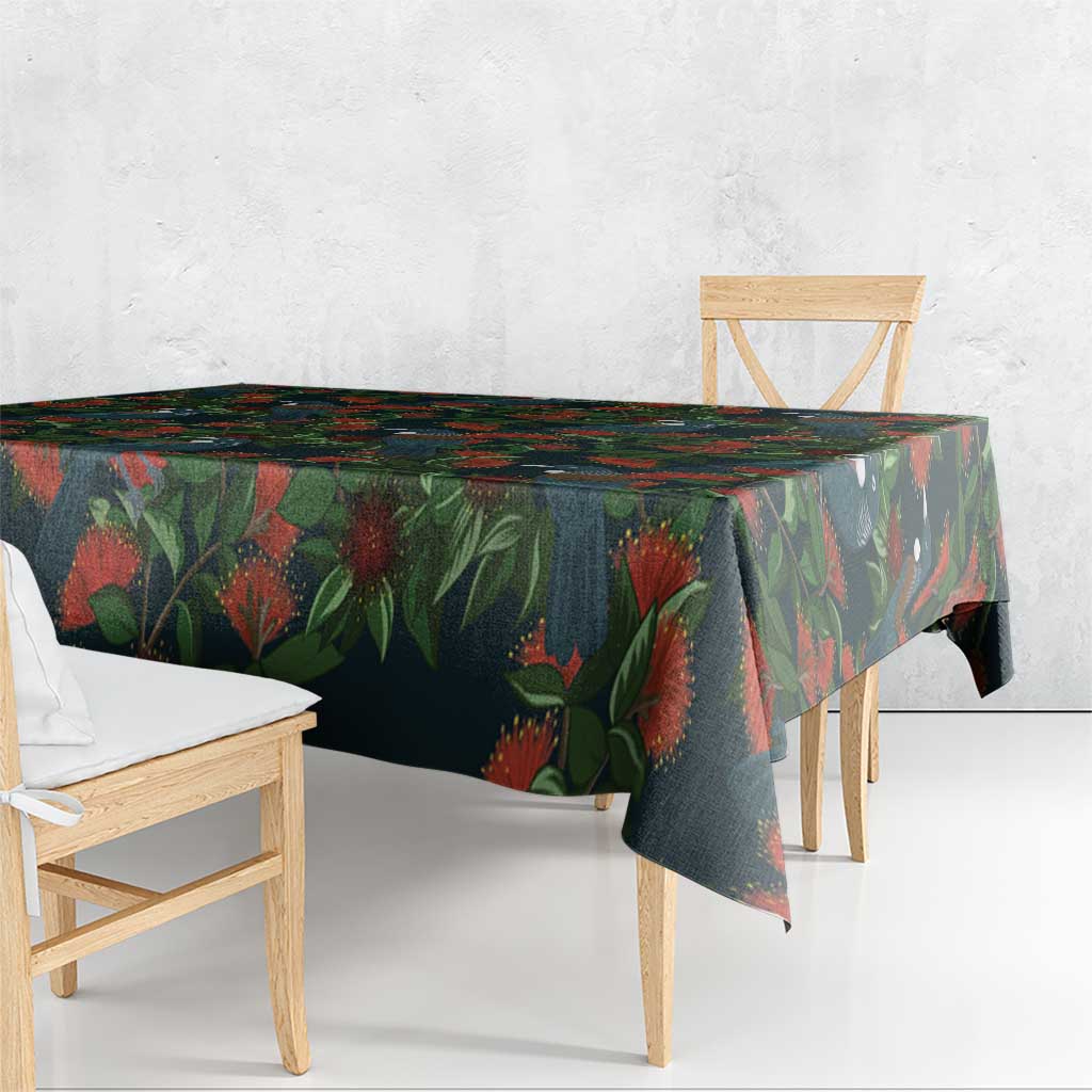 New Zealand Christmas Tablecloth Romantic Tui Birds on Pohutukawa - Cobalt - Polynesian Pride