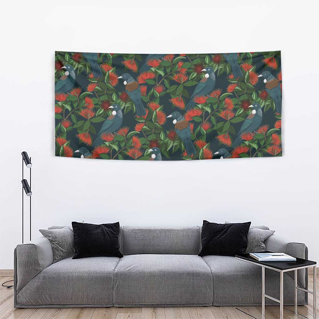 New Zealand Christmas Tapestry Romantic Tui Birds on Pohutukawa - Cobalt - Polynesian Pride