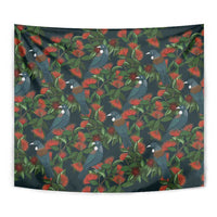 New Zealand Christmas Tapestry Romantic Tui Birds on Pohutukawa - Cobalt - Polynesian Pride