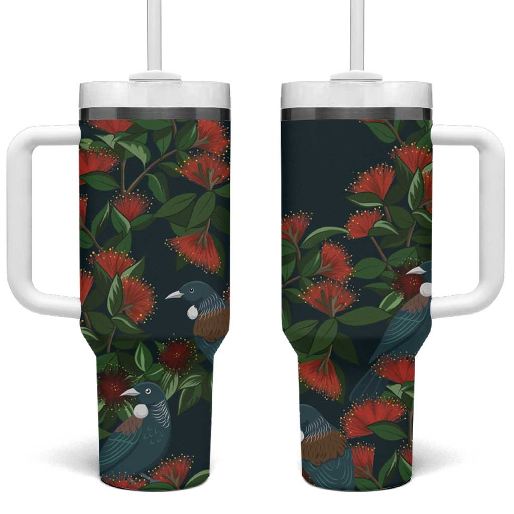 New Zealand Christmas Tumbler With Handle Romantic Tui Birds on Pohutukawa - Cobalt - Polynesian Pride