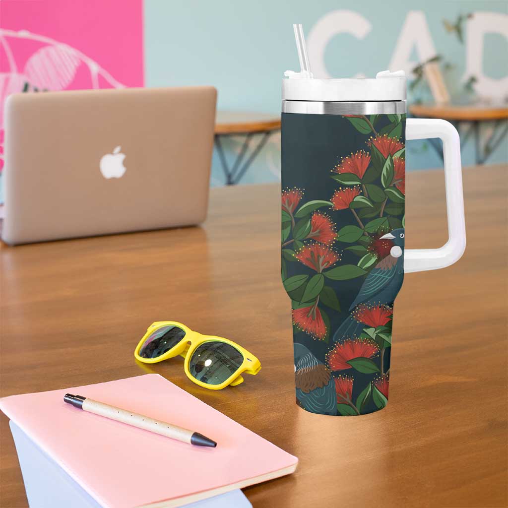New Zealand Christmas Tumbler With Handle Romantic Tui Birds on Pohutukawa - Cobalt - Polynesian Pride
