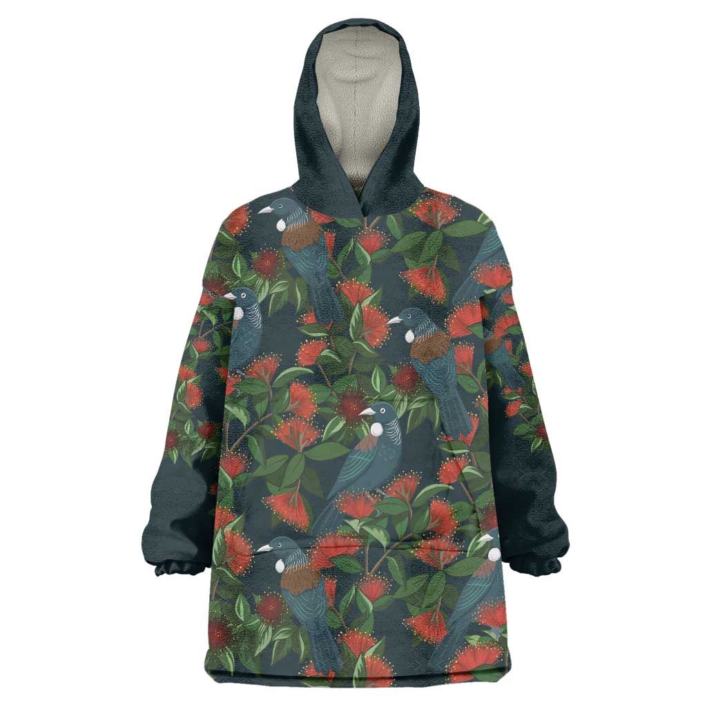 New Zealand Christmas Wearable Blanket Hoodie Romantic Tui Birds on Pohutukawa - Cobalt - Polynesian Pride