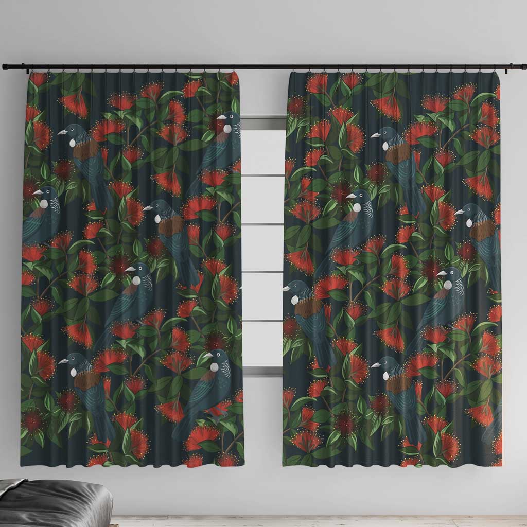 New Zealand Christmas Window Curtain Romantic Tui Birds on Pohutukawa - Cobalt LT7 With Hooks Cobalt - Polynesian Pride
