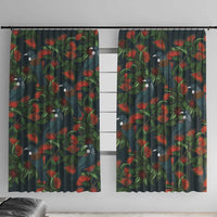 New Zealand Christmas Window Curtain Romantic Tui Birds on Pohutukawa - Cobalt LT7 With Hooks Cobalt - Polynesian Pride