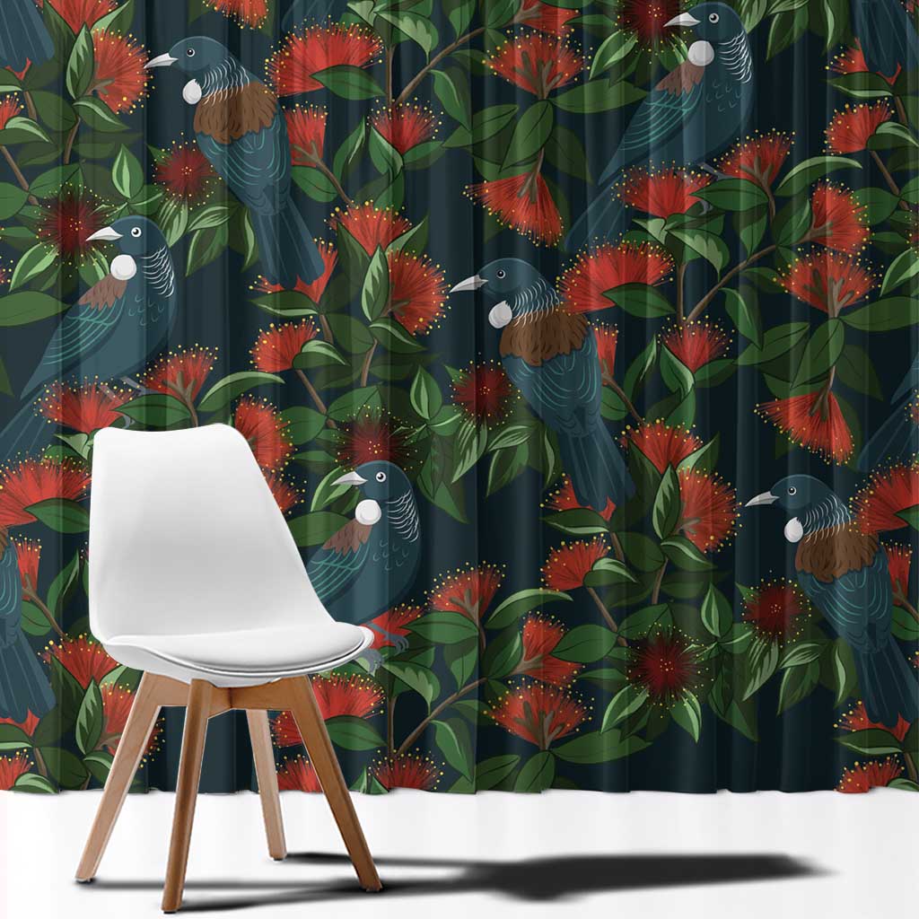 New Zealand Christmas Window Curtain Romantic Tui Birds on Pohutukawa - Cobalt LT7 - Polynesian Pride