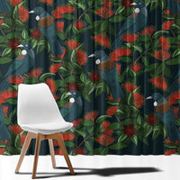 New Zealand Christmas Window Curtain Romantic Tui Birds on Pohutukawa - Cobalt LT7 - Polynesian Pride