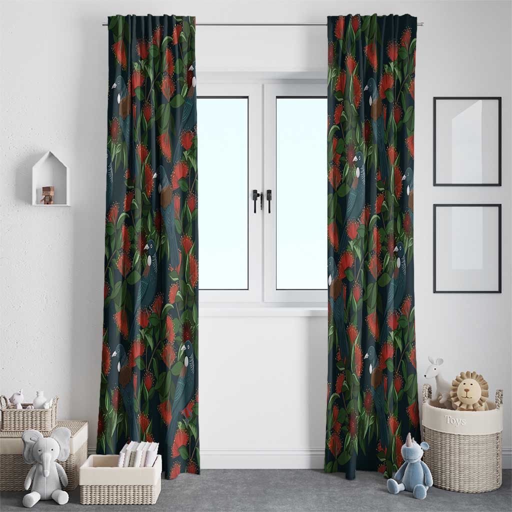 New Zealand Christmas Window Curtain Romantic Tui Birds on Pohutukawa - Cobalt LT7 - Polynesian Pride