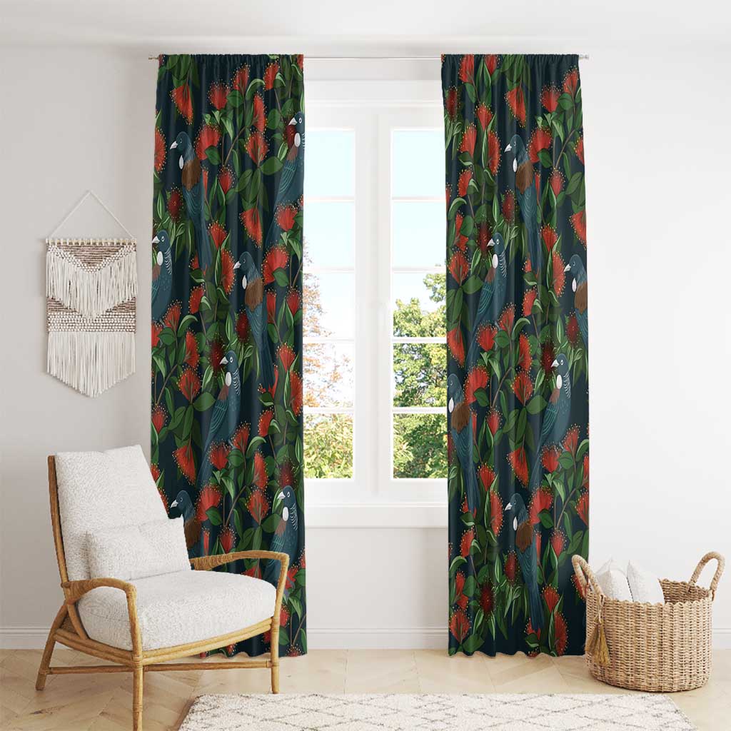 New Zealand Christmas Window Curtain Romantic Tui Birds on Pohutukawa - Cobalt LT7 - Polynesian Pride