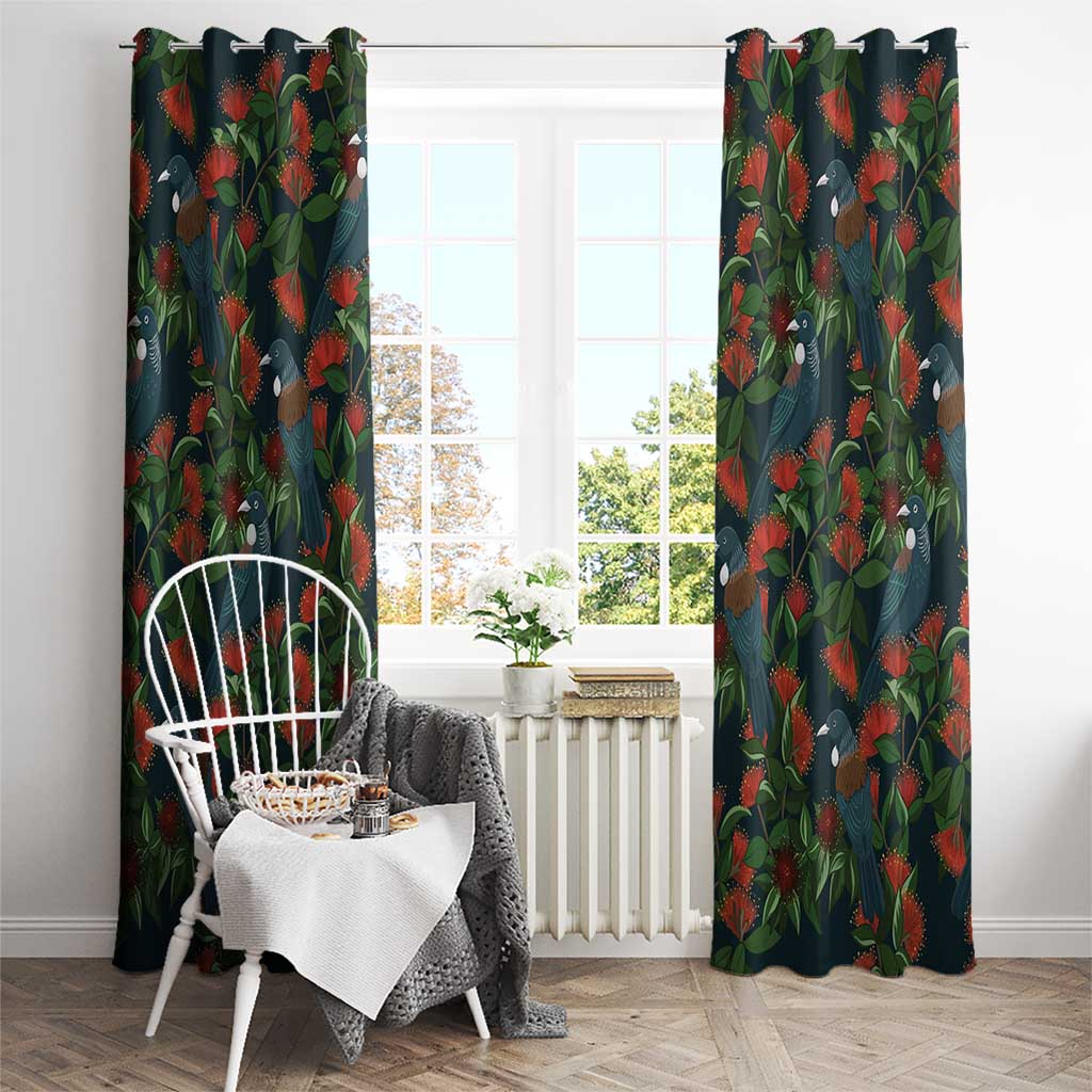 New Zealand Christmas Window Curtain Romantic Tui Birds on Pohutukawa - Cobalt LT7 - Polynesian Pride