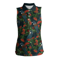New Zealand Christmas Women Sleeveless Polo Shirt Romantic Tui Birds on Pohutukawa - Cobalt - Polynesian Pride