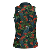 New Zealand Christmas Women Sleeveless Polo Shirt Romantic Tui Birds on Pohutukawa - Cobalt - Polynesian Pride