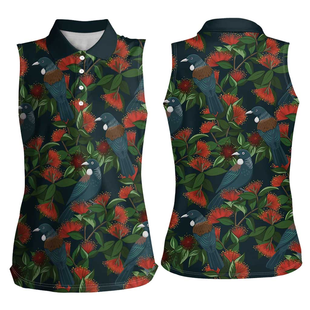 New Zealand Christmas Women Sleeveless Polo Shirt Romantic Tui Birds on Pohutukawa - Cobalt - Polynesian Pride