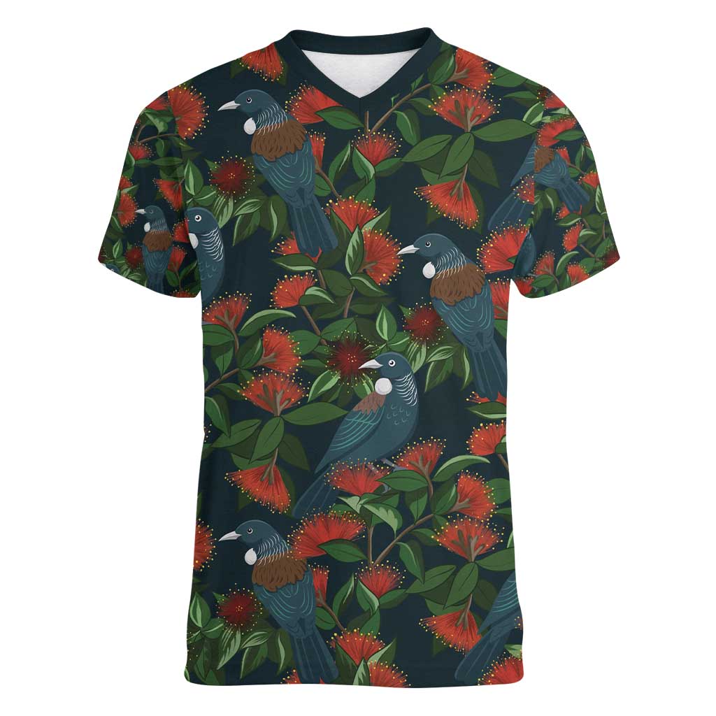 New Zealand Christmas Women V-Neck T-Shirt Romantic Tui Birds on Pohutukawa - Cobalt - Polynesian Pride