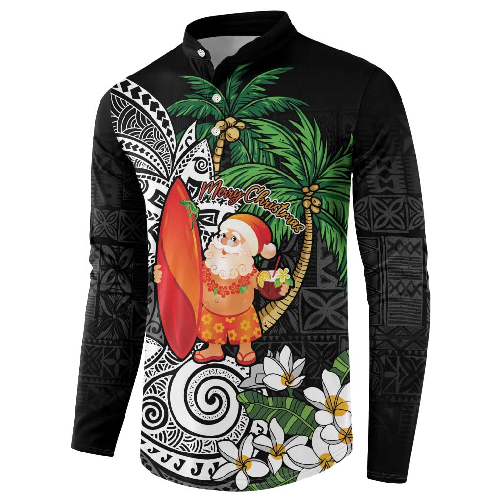 Polynesian Button Sweatshirt Tropical Santa - Plumeria Black Vintage