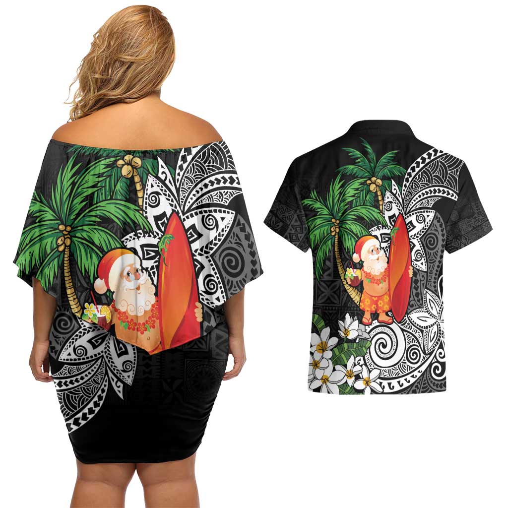Polynesian Couples Matching Off Shoulder Short Dress and Hawaiian Shirt Tropical Santa - Plumeria Black Vintage