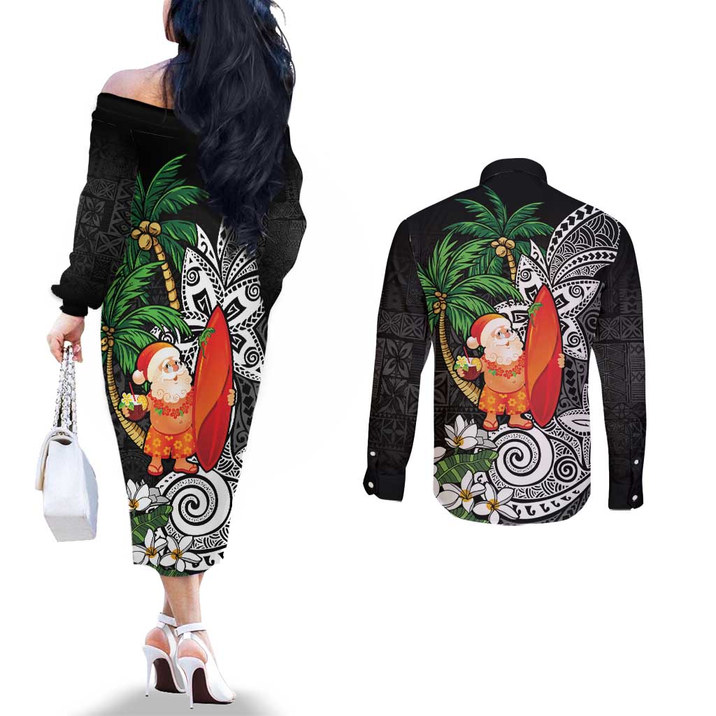 Polynesian Couples Matching Off The Shoulder Long Sleeve Dress and Long Sleeve Button Shirt Tropical Santa - Plumeria Black Vintage