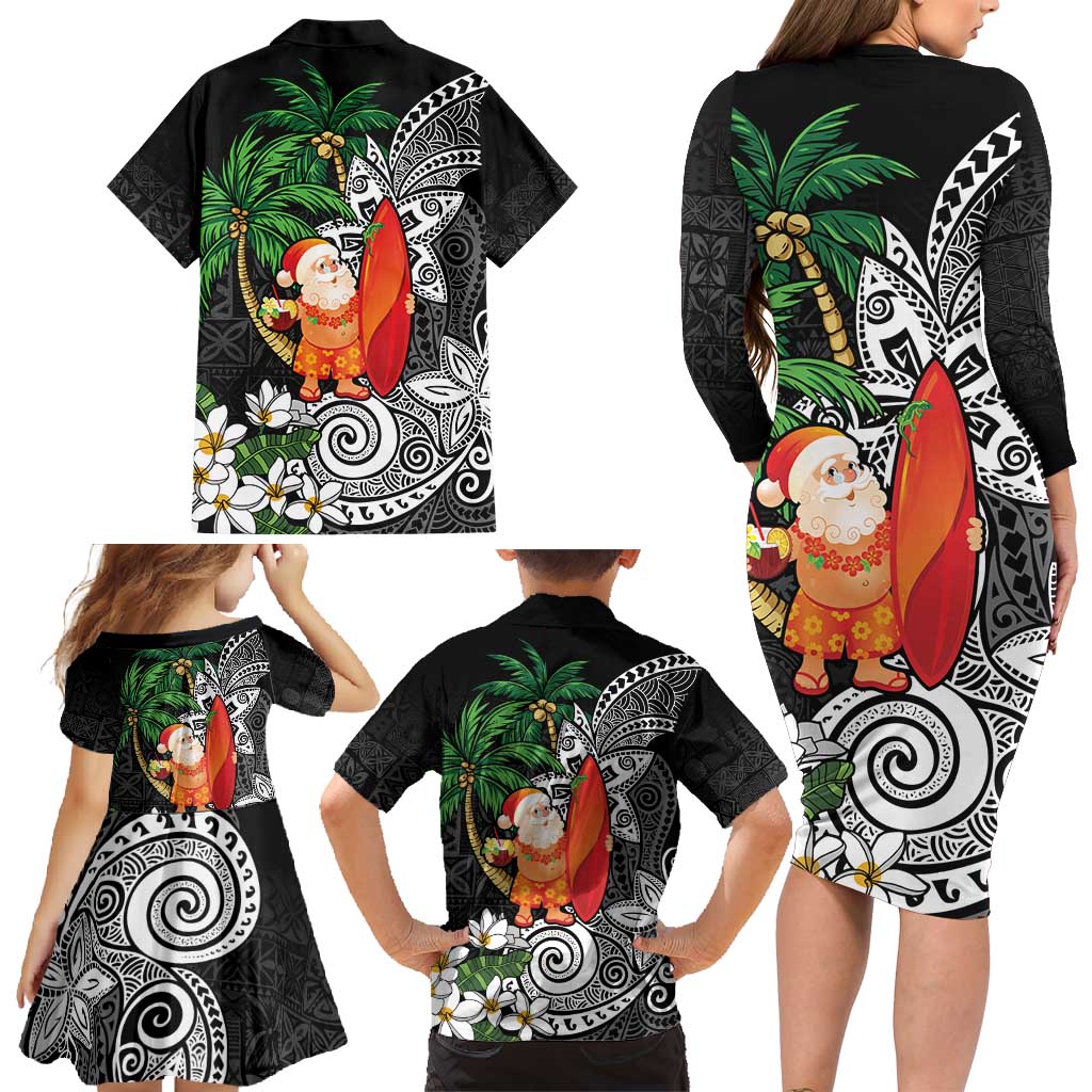Polynesian Family Matching Long Sleeve Bodycon Dress and Hawaiian Shirt Tropical Santa - Plumeria Black Vintage