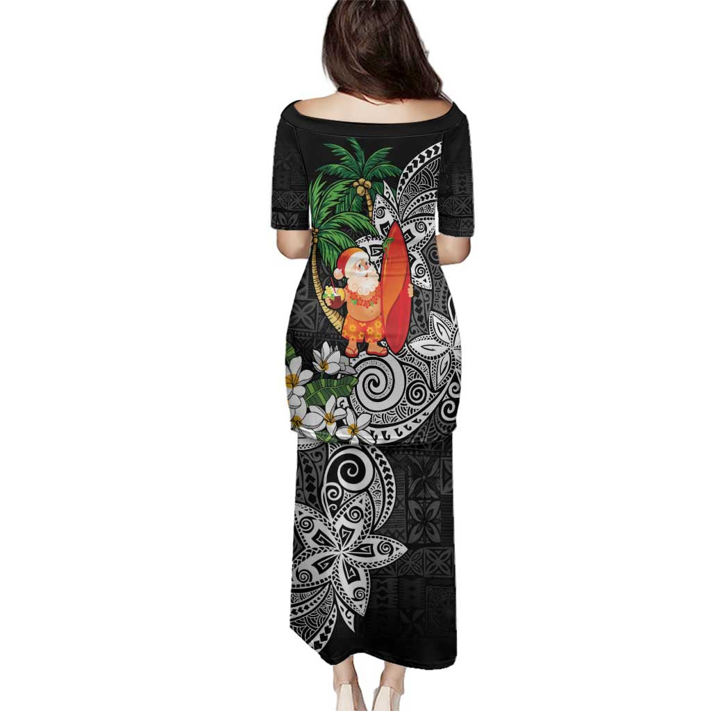 Polynesian Family Matching Puletasi and Hawaiian Shirt Tropical Santa - Plumeria Black Vintage