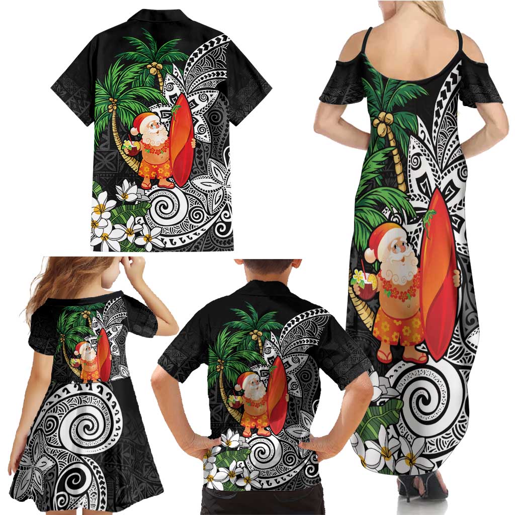 Polynesian Family Matching Summer Maxi Dress and Hawaiian Shirt Tropical Santa - Plumeria Black Vintage