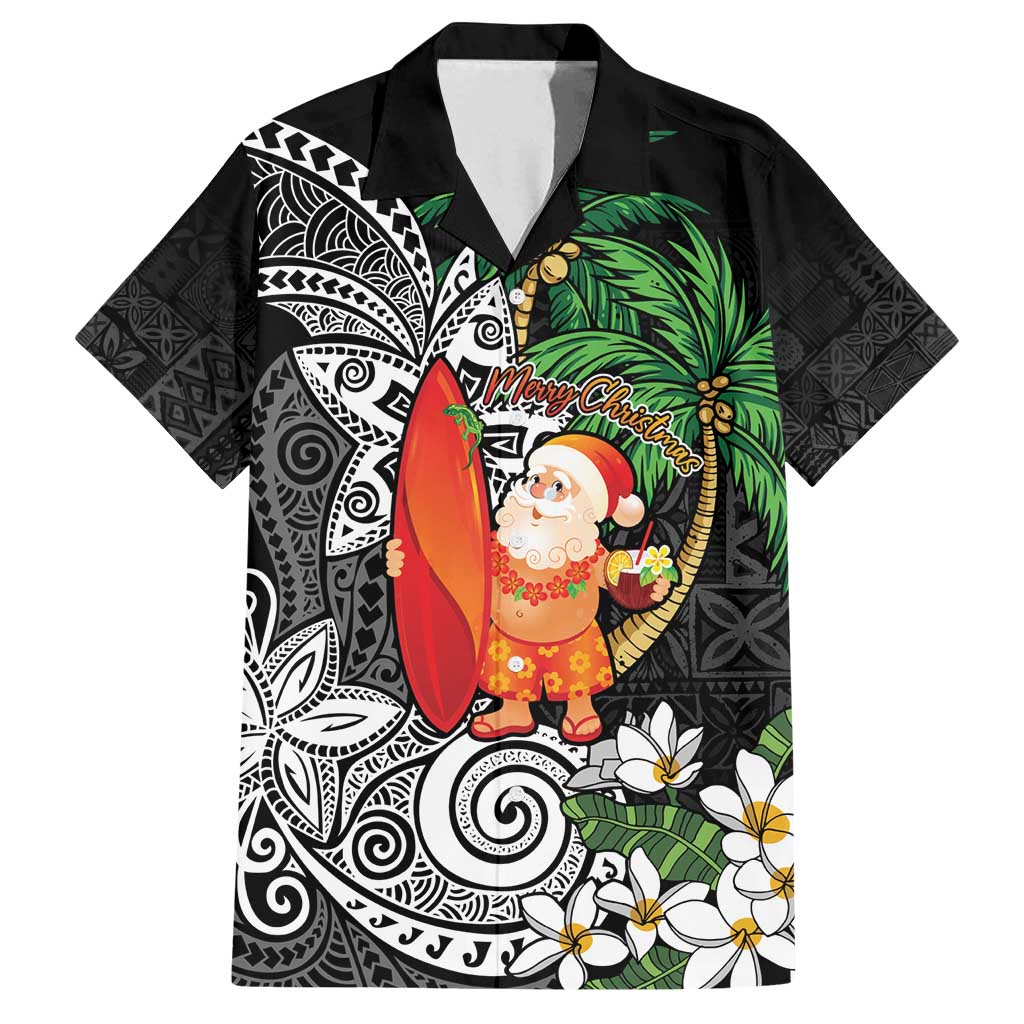 Polynesian Family Matching Summer Maxi Dress and Hawaiian Shirt Tropical Santa - Plumeria Black Vintage