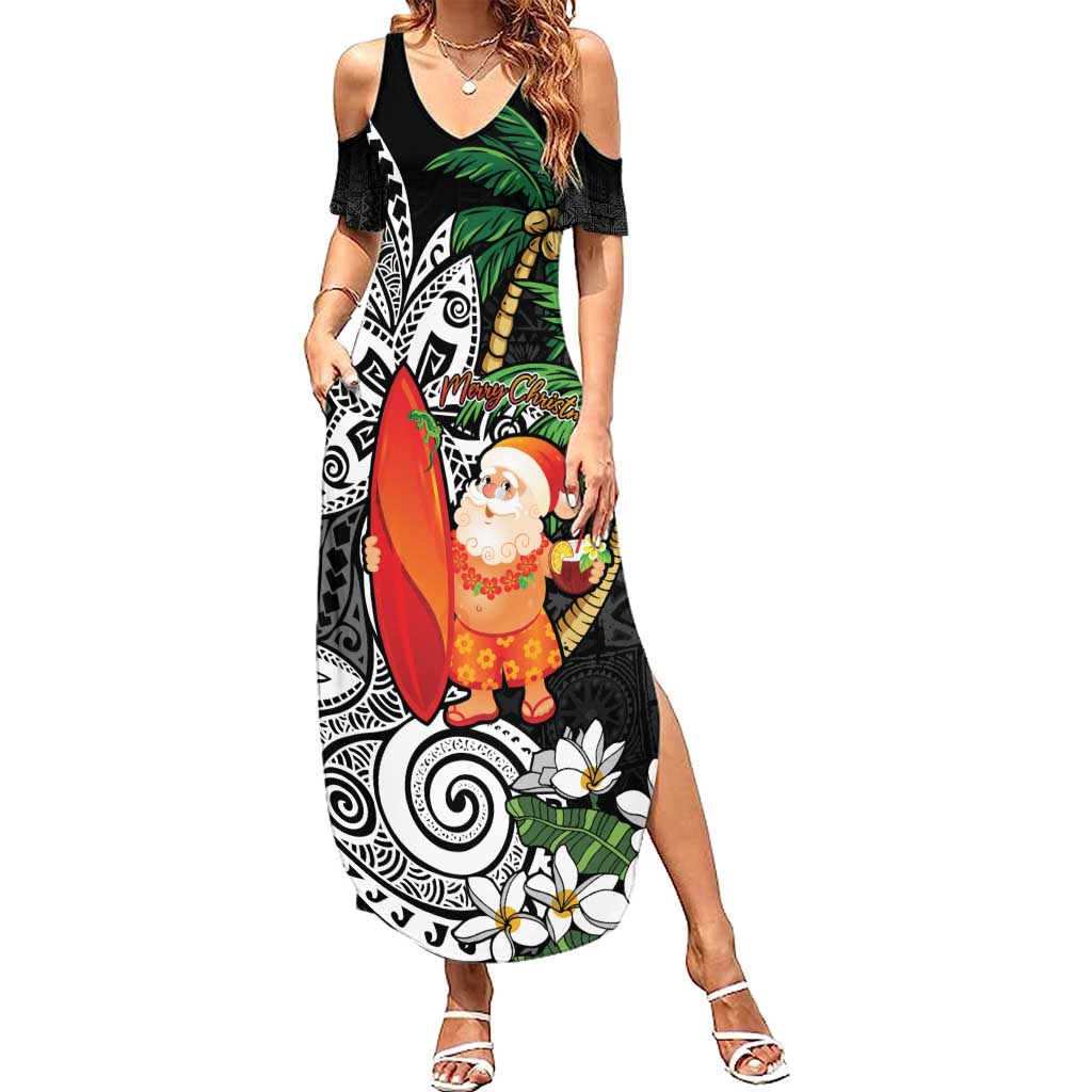 Polynesian Family Matching Summer Maxi Dress and Hawaiian Shirt Tropical Santa - Plumeria Black Vintage