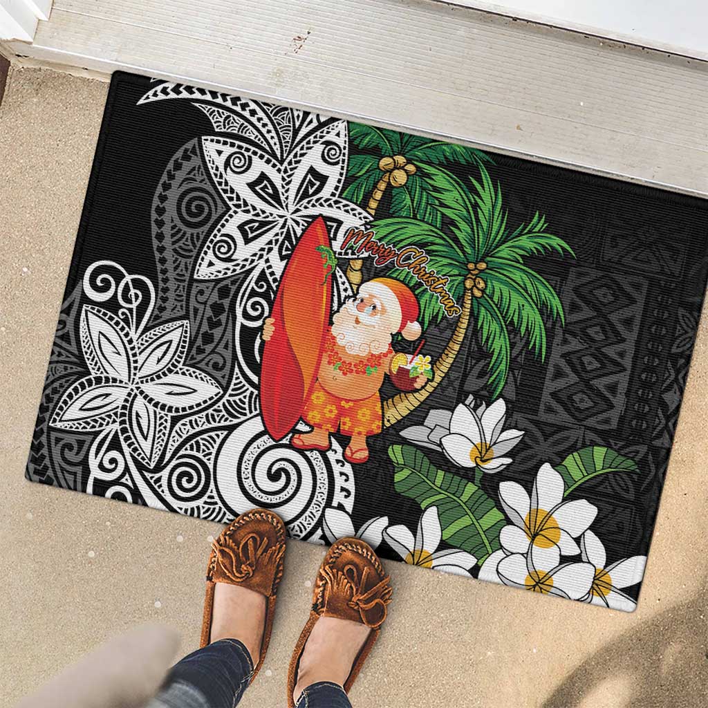Polynesian Rubber Doormat Tropical Santa - Plumeria Black Vintage